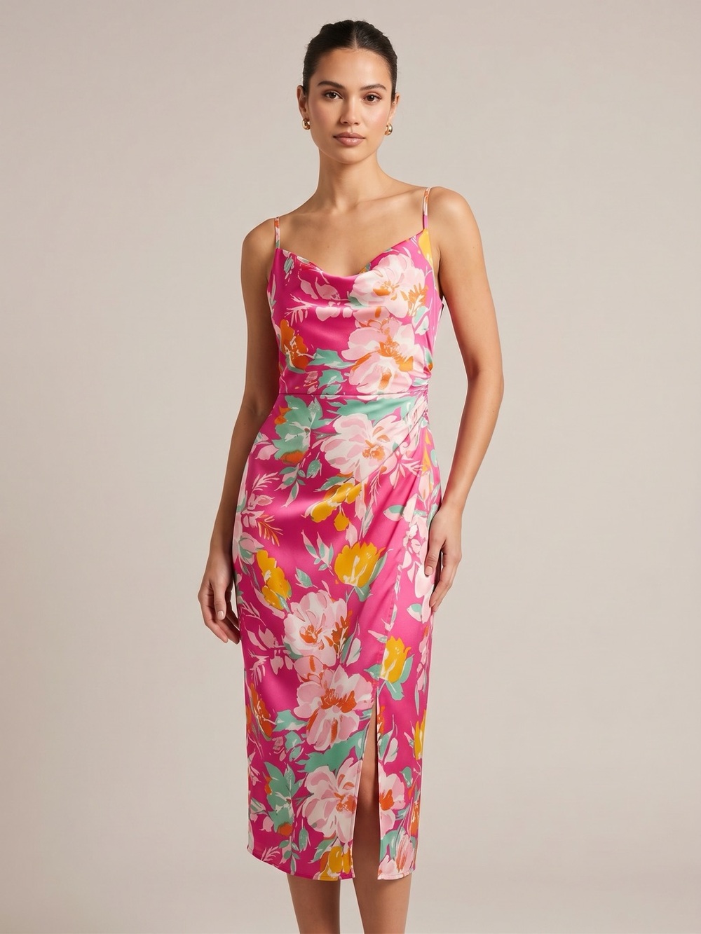 Inmod Los Angeles Pink Floral Cowl Neck Ruched Midi Dress Womens Size Medium NWT